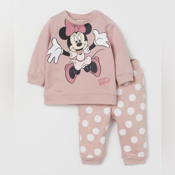 SOLD✨H&M Disney Minnie Mouse Sweatshirt Set (Size 12-18M) Blush Pink Polka Dot - Picture 1 of 12